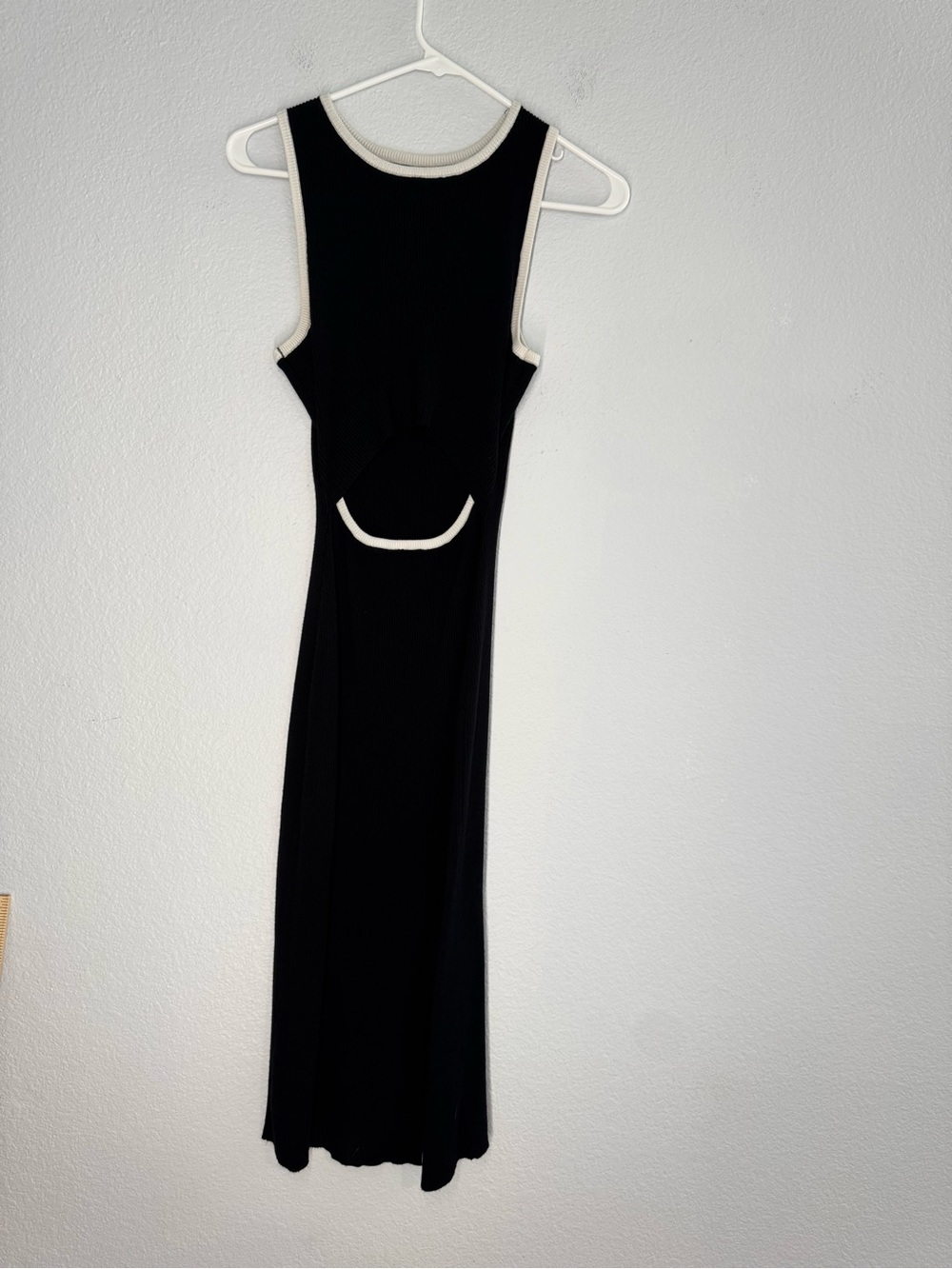 Amazon Black Knit Maxi Dress with White Contrast Trim, cutout and leg slit
